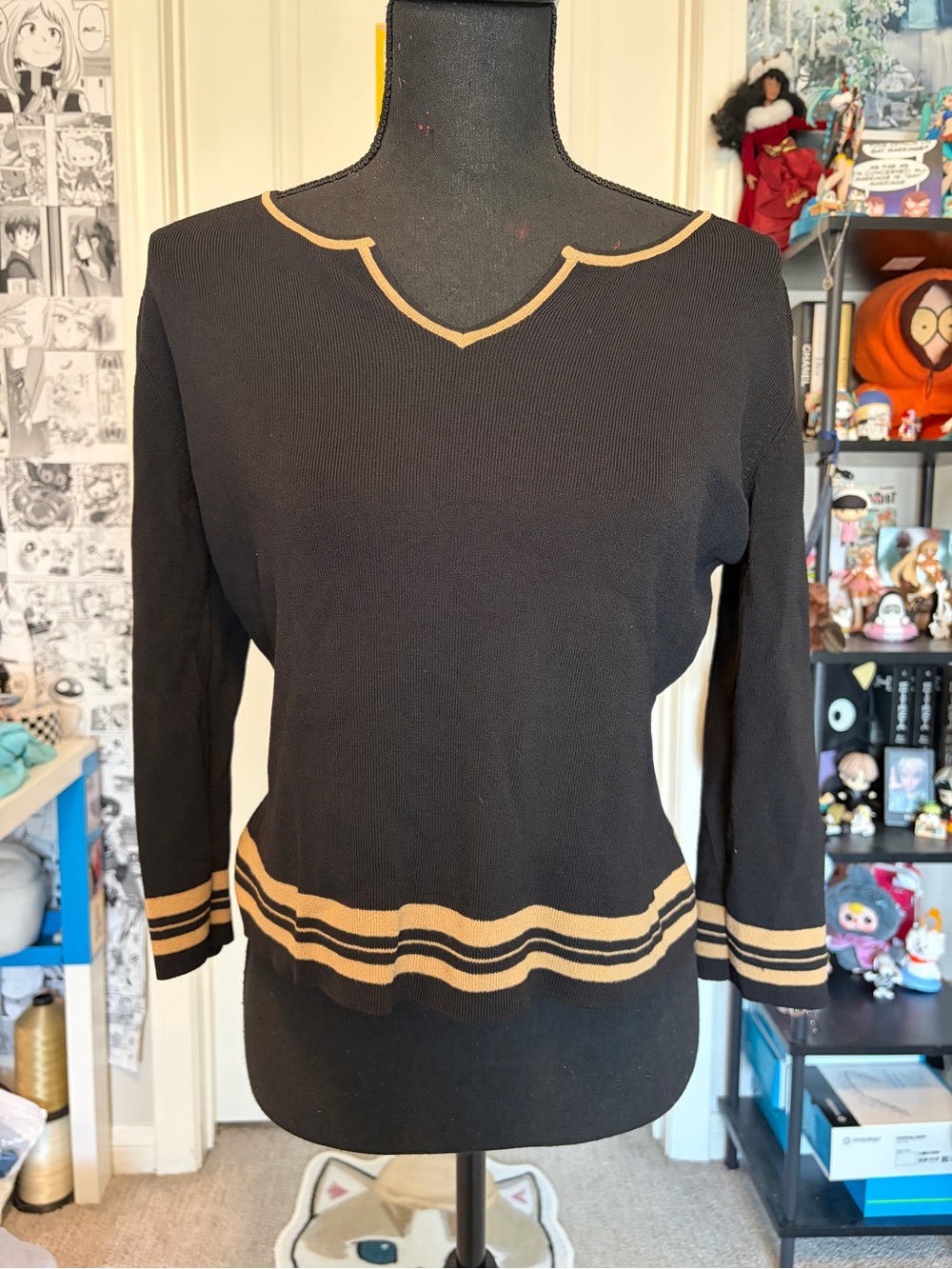 Colour Works Classic Black Knit Top with Tan Trim